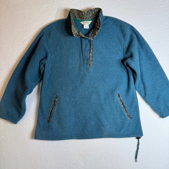 L.L. Bean Vintage 1/4 Snap Fleece Pullover Teal Blue Tapestry Trim Large #1412 - Picture 2 of 11